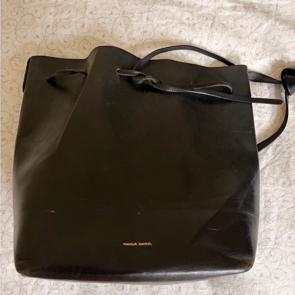 Mansur Gavriel Black Leather Drawstring Bucket Bag Gold Interior